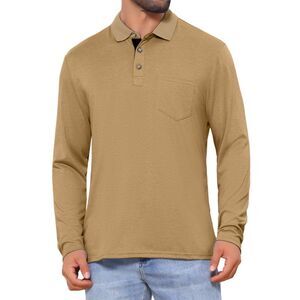 Contrast Button Collared Pocket Long Sleeves Golf Polo T-Shirts Khaki